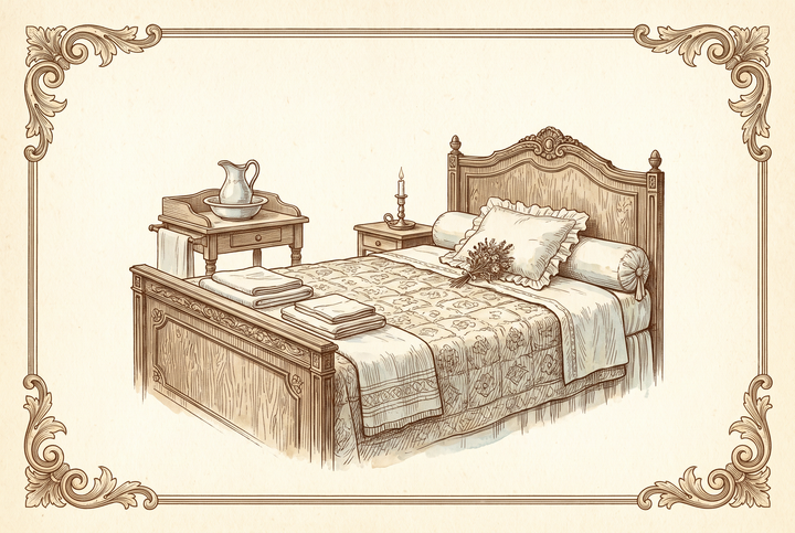 A guest bedroom prepared — washstand, towels, posy — engraving
