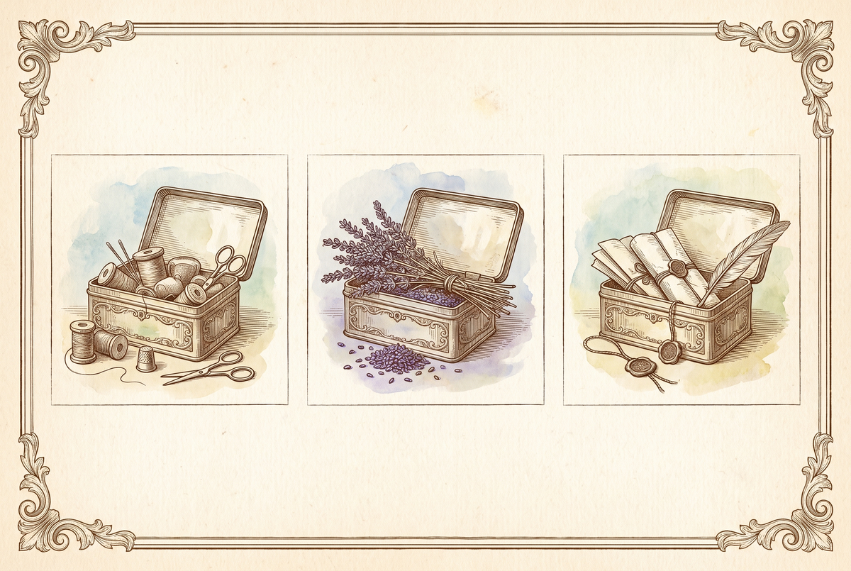One tin, three lives — sewing, lavender, letters — engraving
