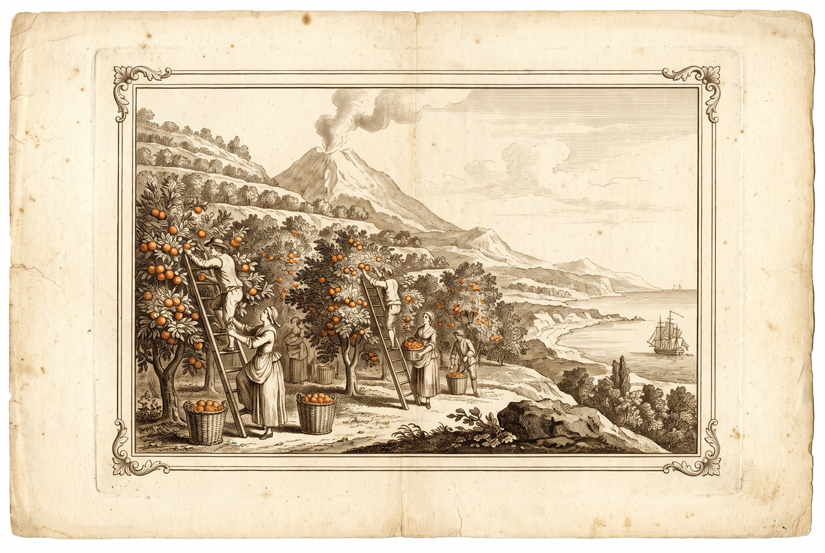 Orange harvest on volcanic terraces below Etna — engraving