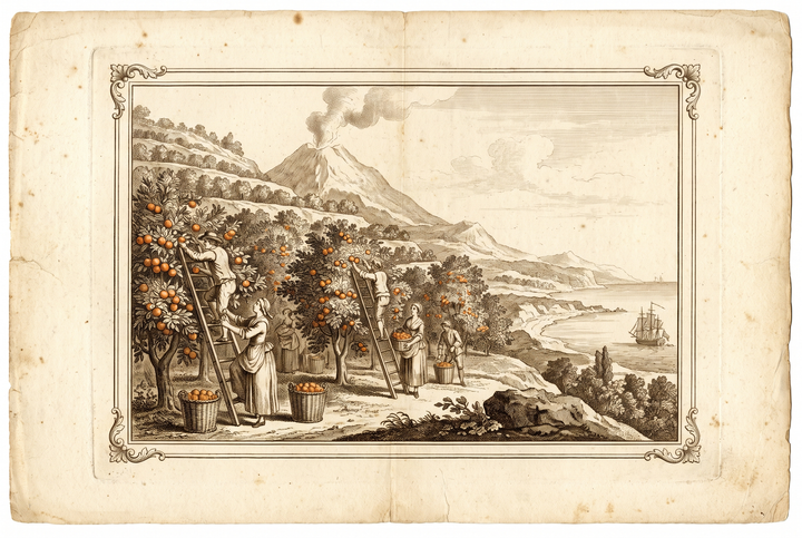 Orange harvest on volcanic terraces below Etna — engraving