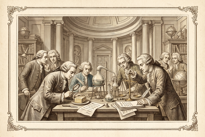 Scholars examining soap with alembics and balance — engraving