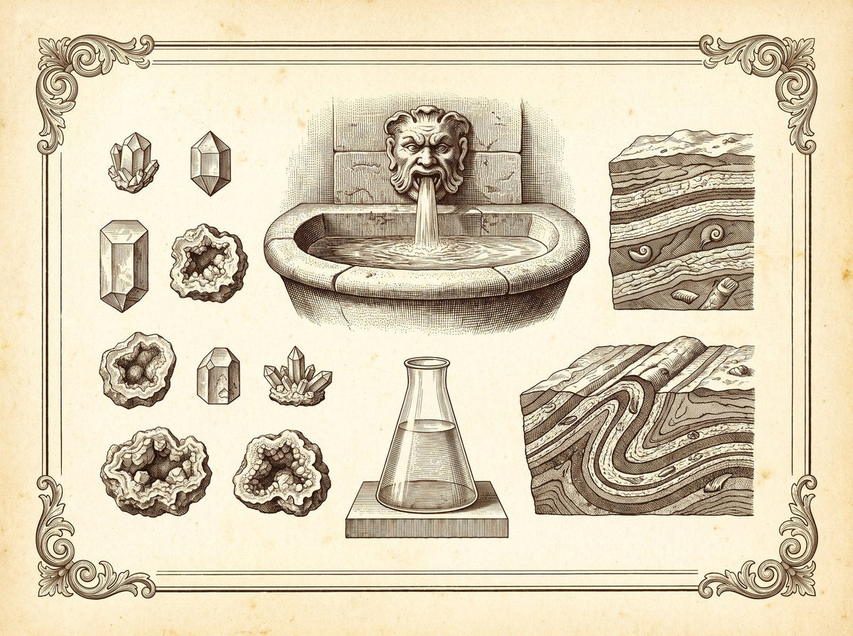 Plate of water, fountain and mineral specimens