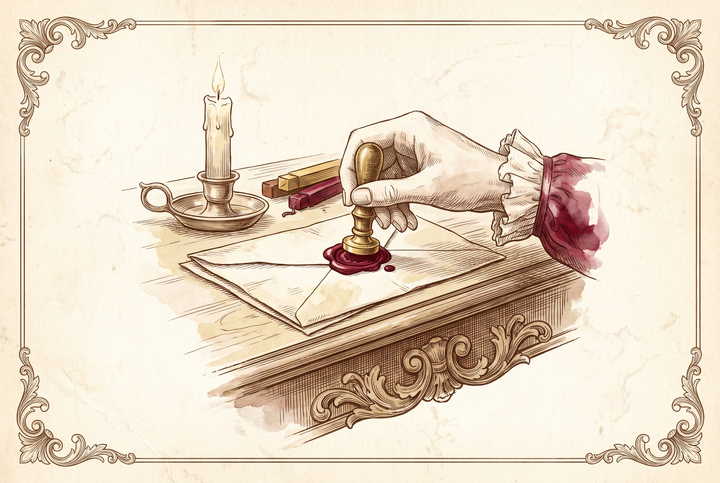 A hand pressing a seal into red wax — engraving