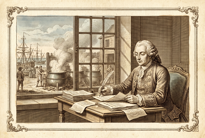 A royal minister at his desk, soap works beyond the window — engraving