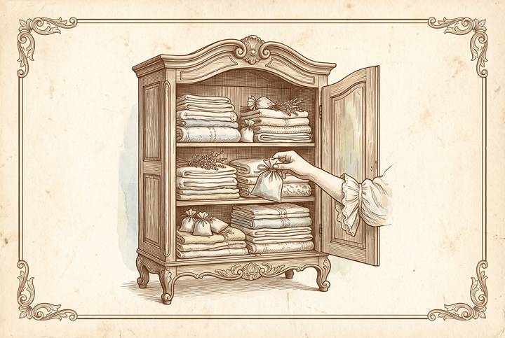 Linen sachets tucked between folded linens in an armoire — engraving