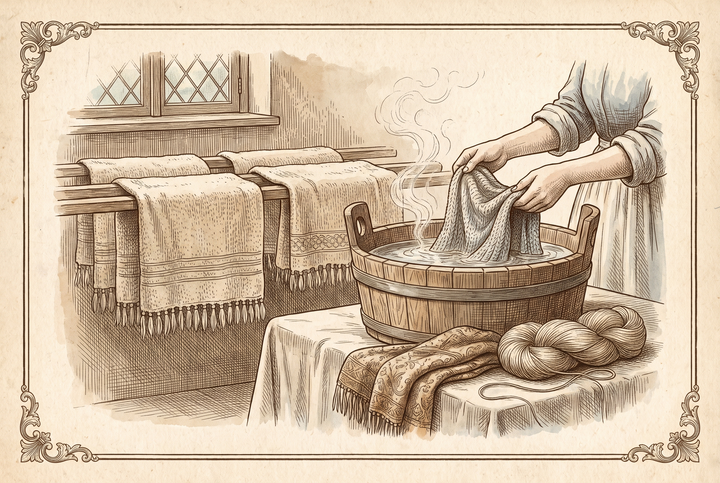 Washing a fine knit flat in a basin — engraving
