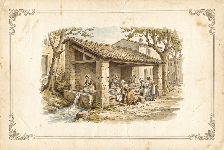 A Provencal village lavoir with washerwomen — engraving